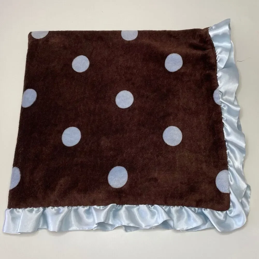 Max Daniel Polka Dot Baby Security Blanket Dark Brown Blue Ruffle Satin Trim